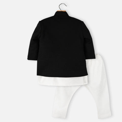 Black Jacket With White Kurta & Pajama Indowestern Set