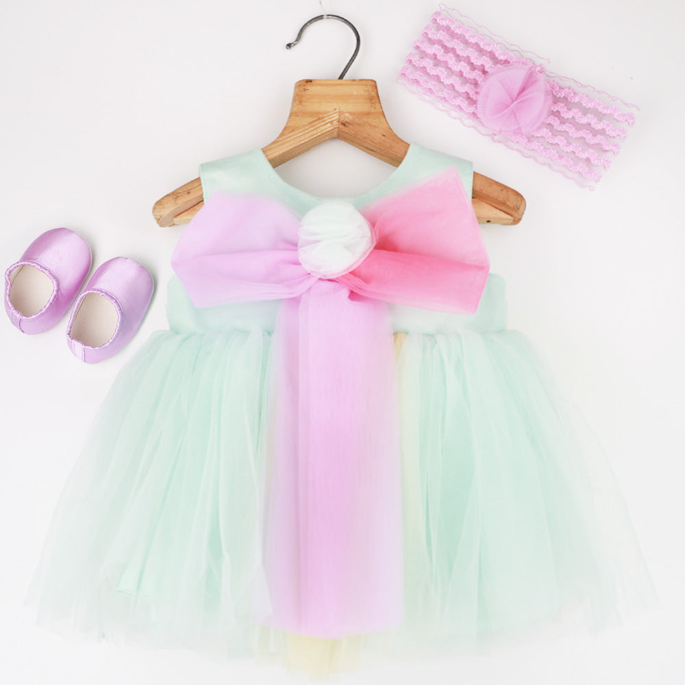 Sea Green Front Bow Party Dress With Booties & Headband