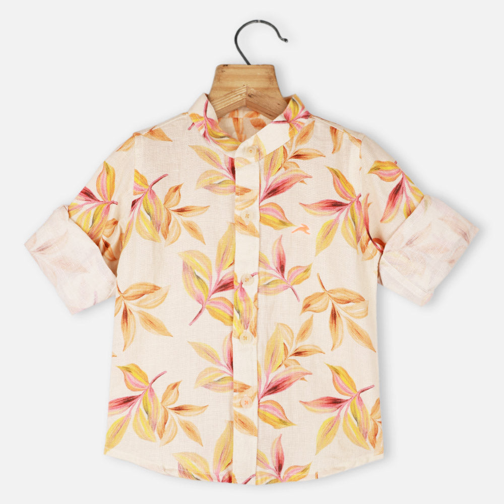 Beige Tropical Printed Cotton Shirt