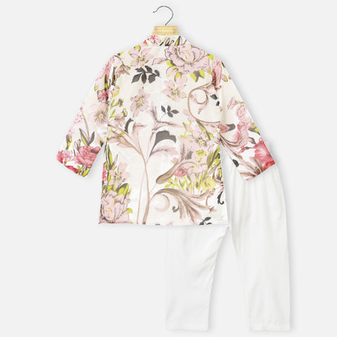 Pink Velvet Floral Kurta With White Pajama