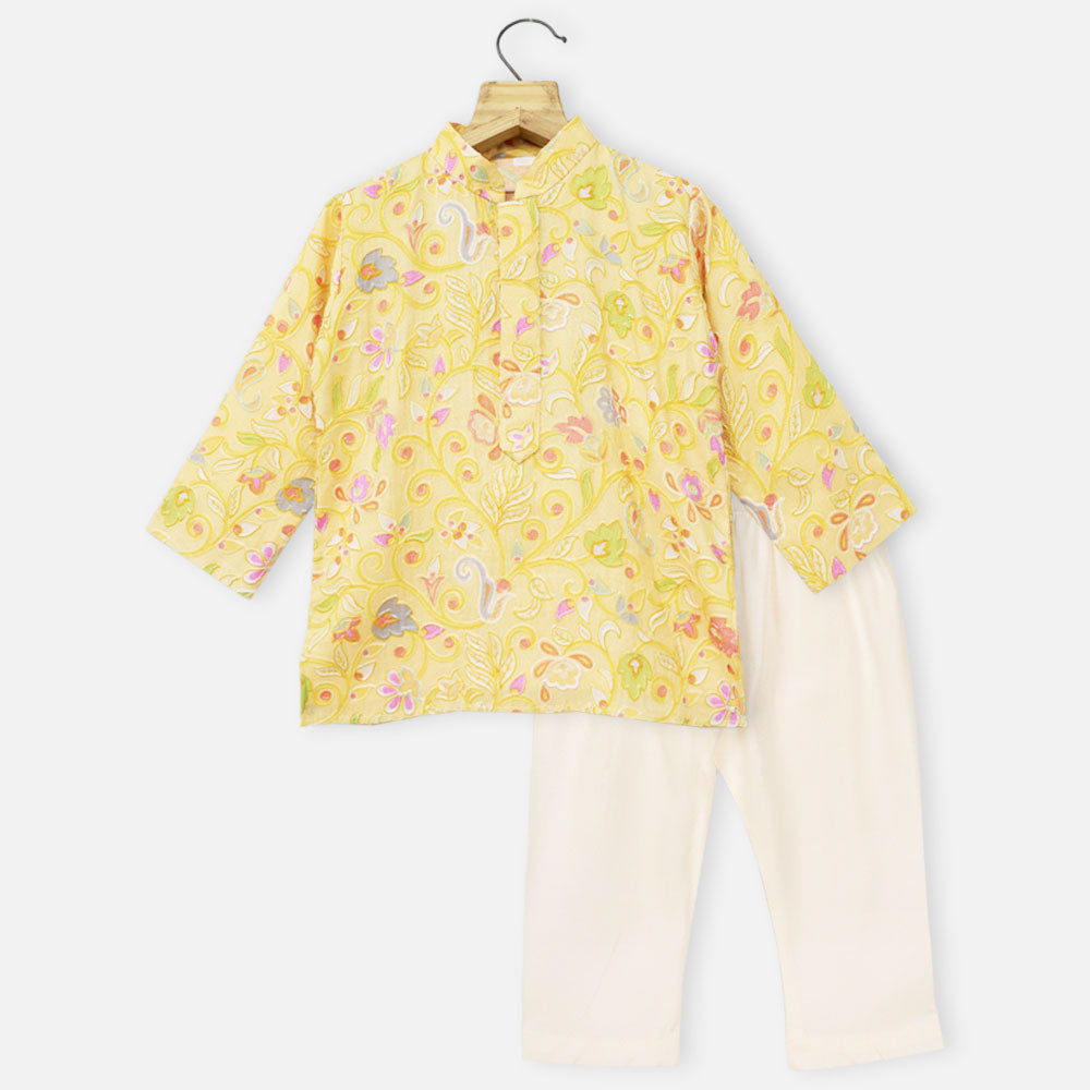 Yellow Floral Embroidered Kurta With Pajama