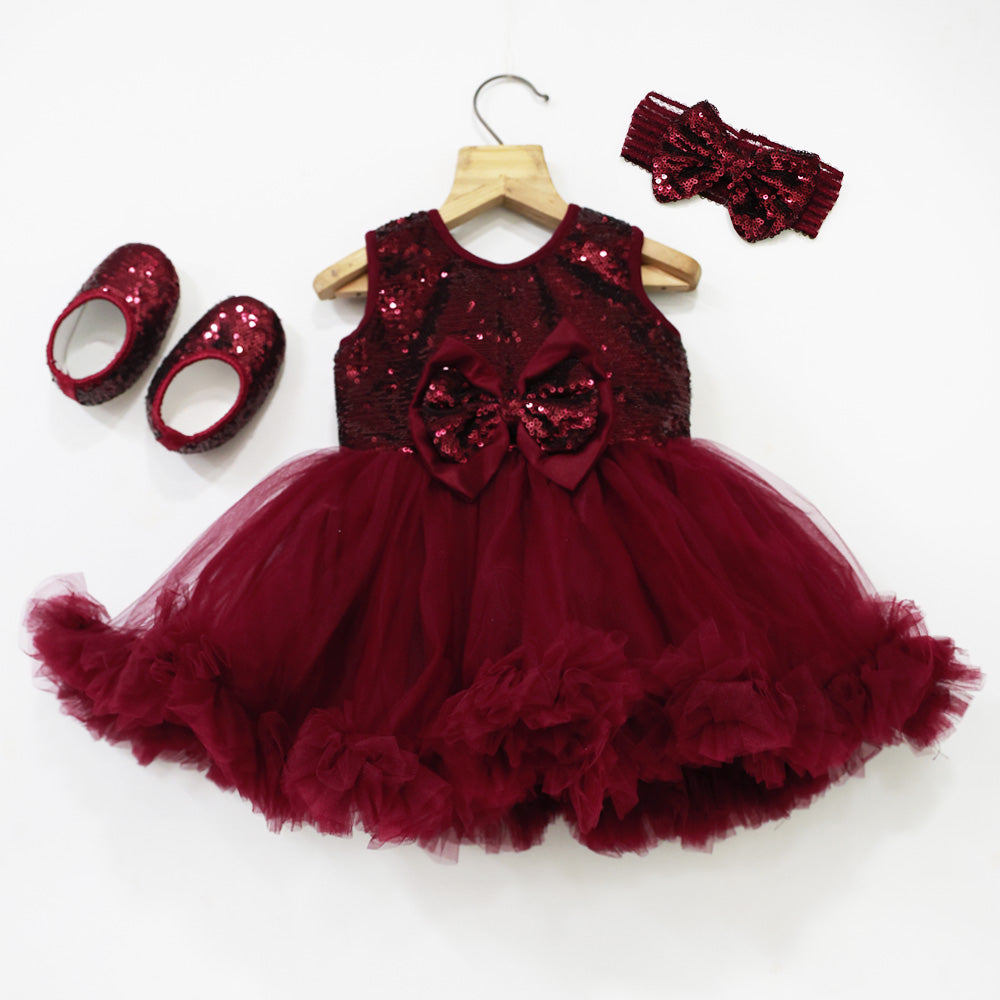 Wine Sequins Embellished Dress With Booties & Headband