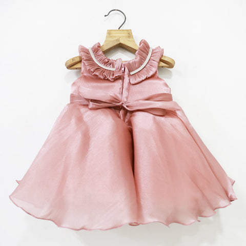 Mauve Ruffled Neckline Pary Dress With Booties & Headband