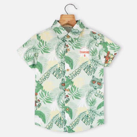 Tropical Printed Half Sleeves Shirt- Green & Peach