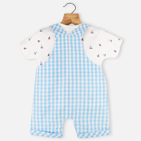 Blue Checked Cotton Dungaree With Half Sleeves T-Shirt