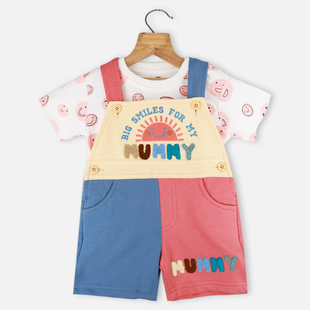 Colorblock Mummy Embroidered Dungaree With Half Sleeves White T-Shirt
