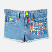 Load image into Gallery viewer, Blue Embroidered Raw Hem Denim Shorts
