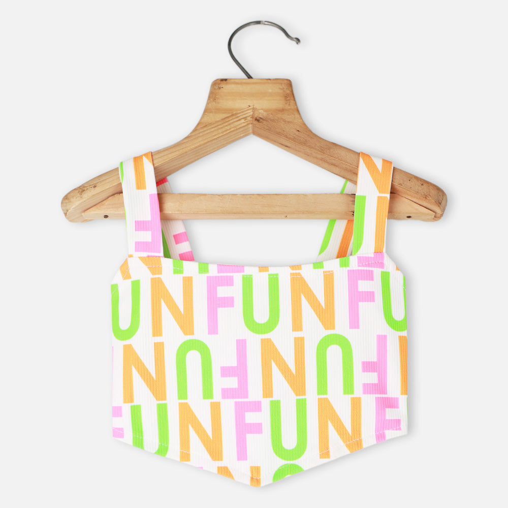 White Typographic Printed Crop Top