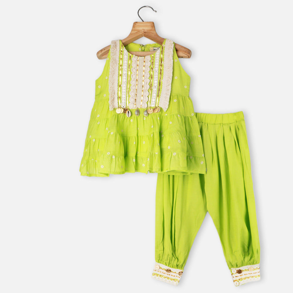 Green Lace Embellished Tiered Kurta With Salwar