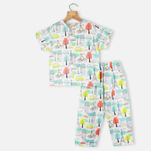 Load image into Gallery viewer, White Graphic Printed Cotton Night Suit
