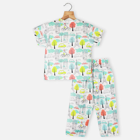 White Graphic Printed Cotton Night Suit