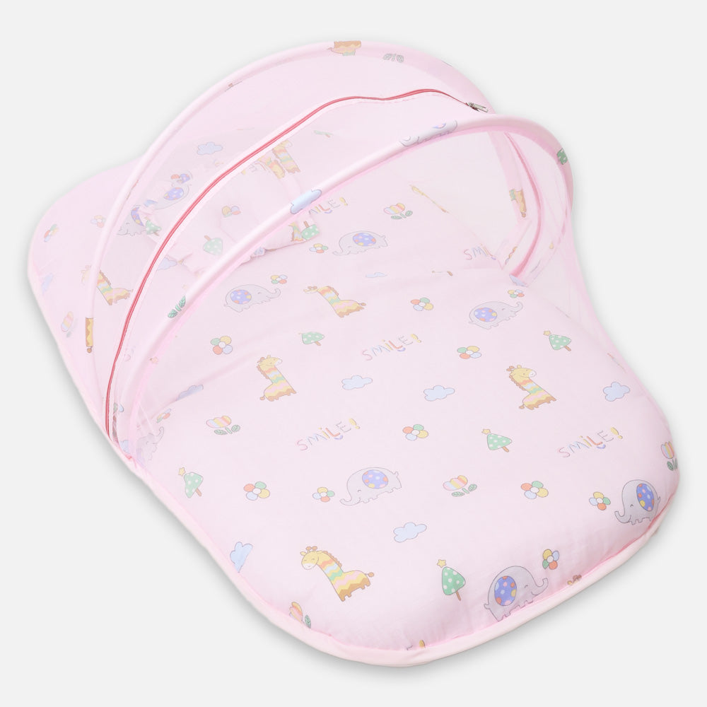 Pink Giraffe Printed Baby Mattress With Mosquito Net & Pillow