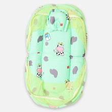 Load image into Gallery viewer, Green Cow Printed Baby Mattress With Mosquito Net &amp; Pillow
