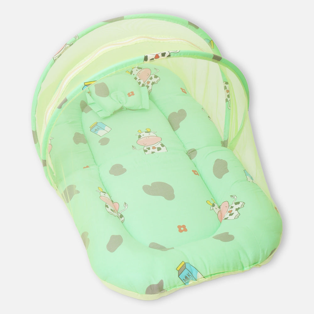 Green Cow Printed Baby Mattress With Mosquito Net & Pillow