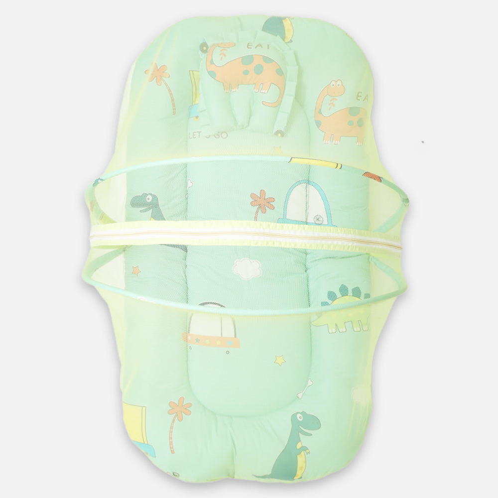 Green Dino Printed Baby Mattress With Mosquito Net & Pillow
