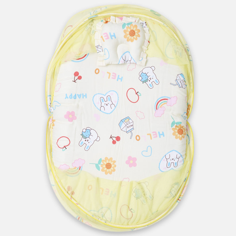 Yellow Rabbit Printed Baby Mattress With Mosquito Net & Pillow