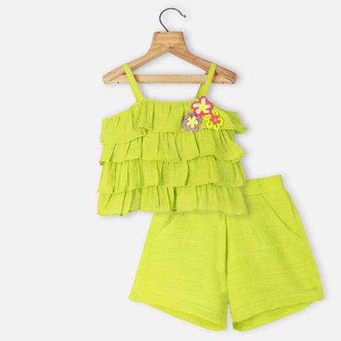 Green & White Layered Sleeveless Top With Shorts Co-Ord Set