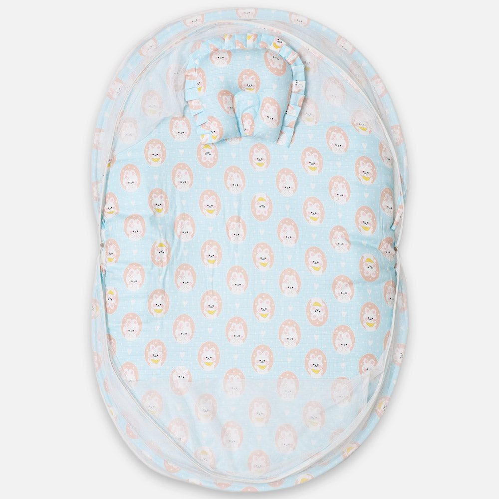 Blue Rabbit Printed Baby Mattress With Mosquito Net & Pillow