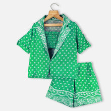 Load image into Gallery viewer, Green &amp; Pink Embellished Blazer With Smocked Crop Top &amp; Short Co-Ord Set
