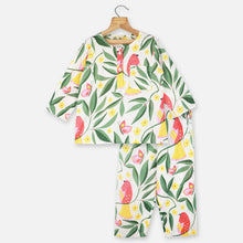 Load image into Gallery viewer, White Tropical Printed Full Sleeves Cotton Night Suit
