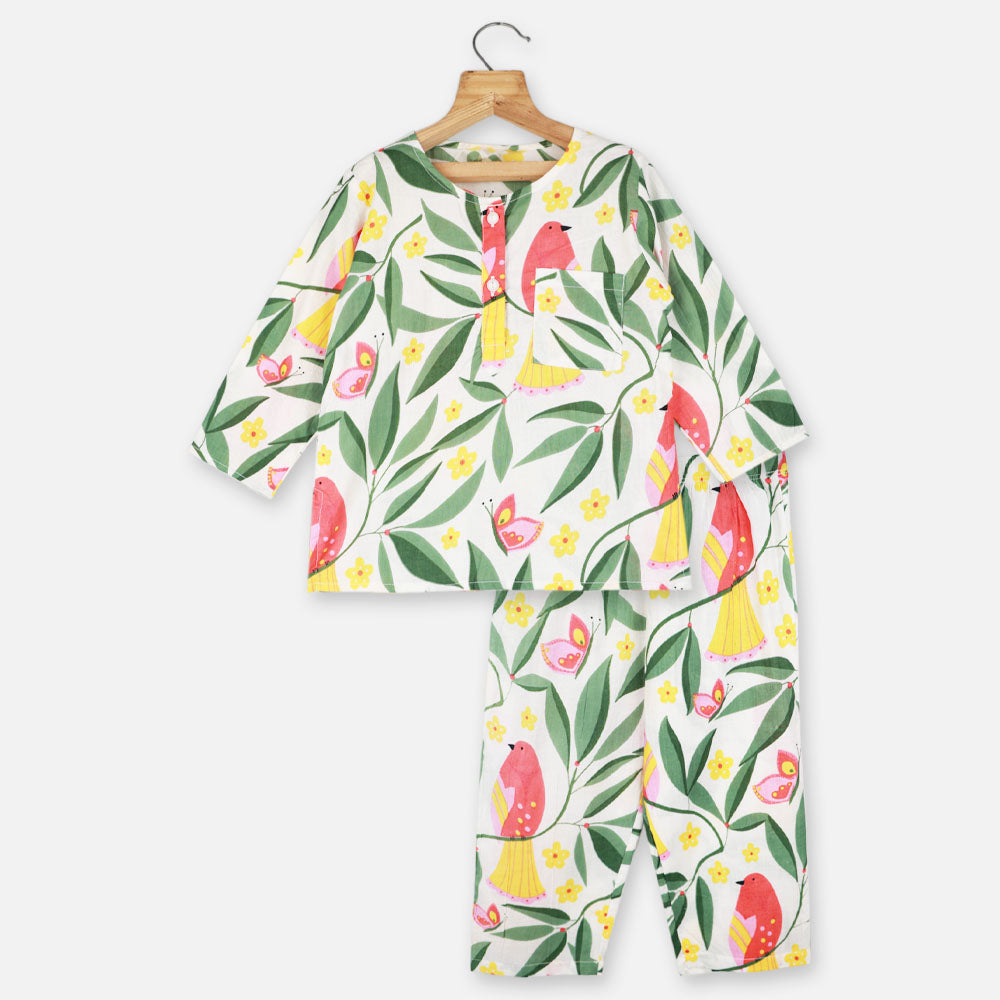 White Tropical Printed Full Sleeves Cotton Night Suit