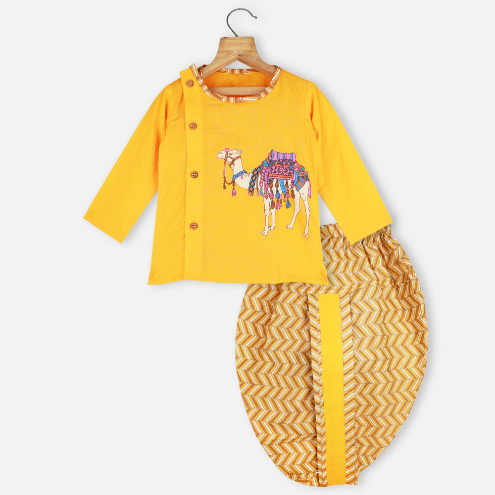 Yellow Camel Theme Cotton Kurta With Dhoti