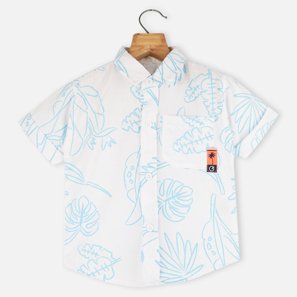 White Tropical Printed Half Sleeves Shirt