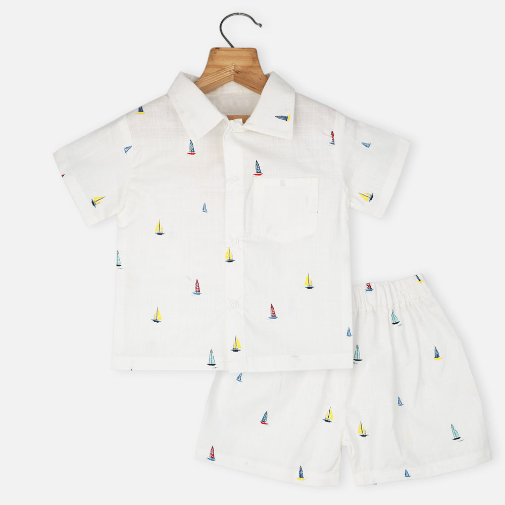 White Sailboat Theme Shirts With Shorts Co-Ord Set