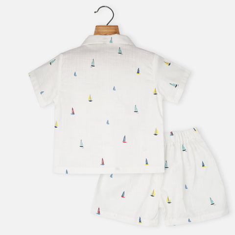 White Sailboat Theme Shirts With Shorts Co-Ord Set
