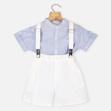 Load image into Gallery viewer, Blue Striped Shirt &amp; White Shorts With Suspender Set
