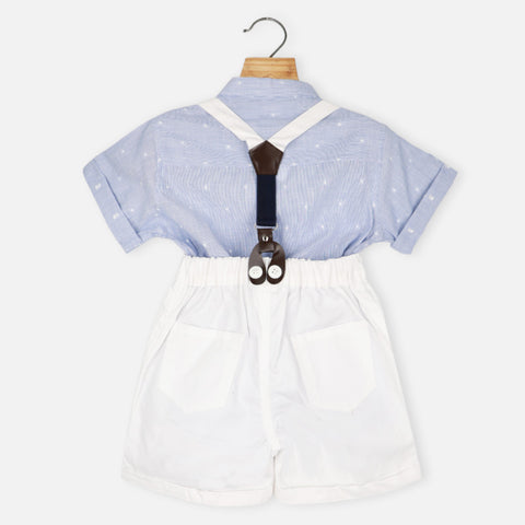 Blue Striped Shirt & White Shorts With Suspender Set