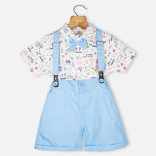 Load image into Gallery viewer, White Printed T-Shirt &amp; Blue Shorts With Suspender Set

