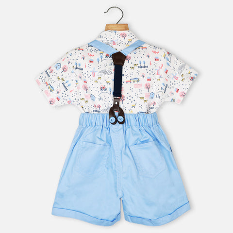 White Printed T-Shirt & Blue Shorts With Suspender Set