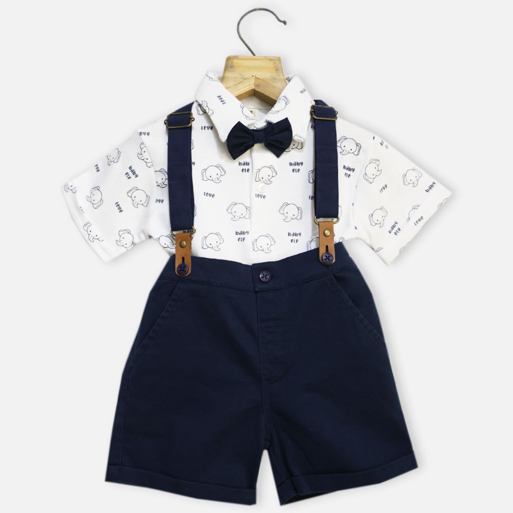 White Elephant Printed T-Shirt & Shorts With Suspender Set