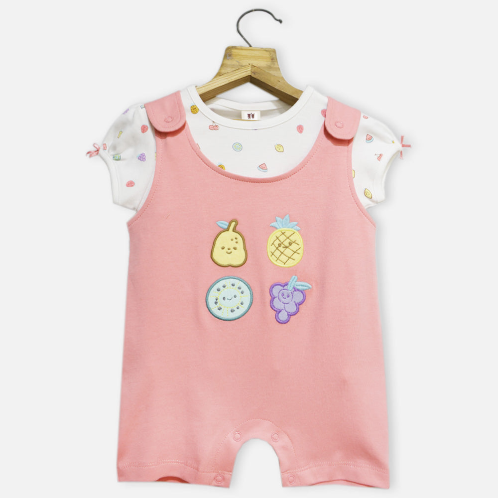 Pink Embroidered Romper Dungaree With White Printed Top