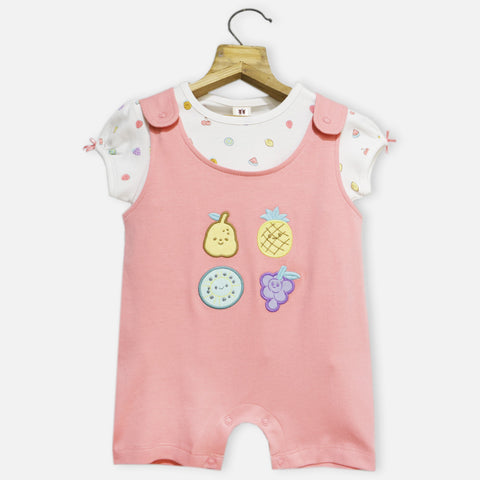 Pink Embroidered Romper Dungaree With White Printed Top