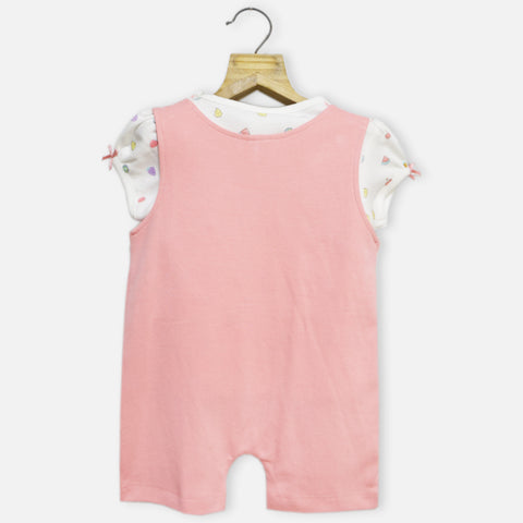Pink Embroidered Romper Dungaree With White Printed Top