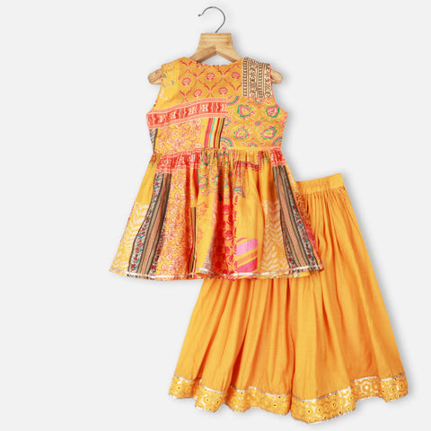 Yellow Mirror Embroidered Shrug With Crop Top & Flared Palazzo