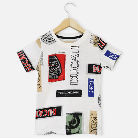 White Typographic Printed Round Neck Half Sleeves T-Shirt