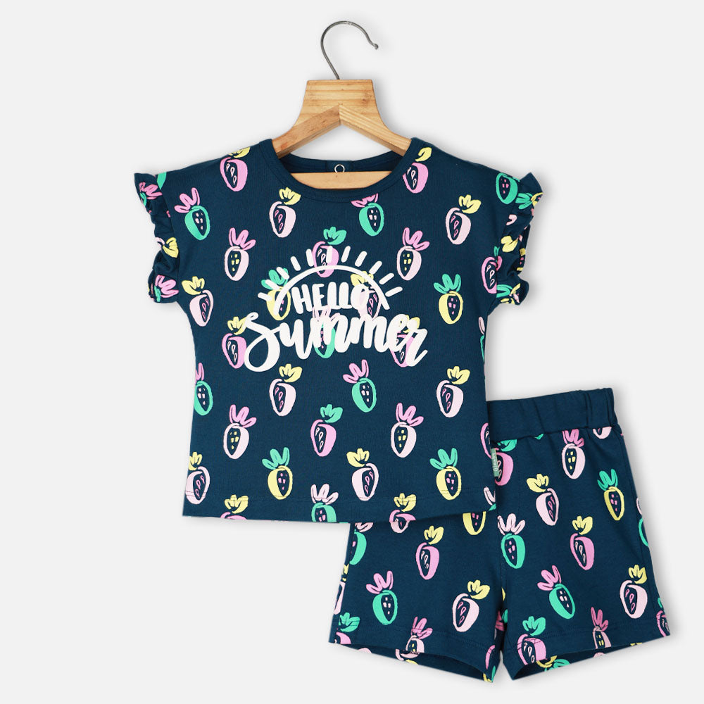 Blue Fruit Printed T-Shirt With Short Co-Ord Set
