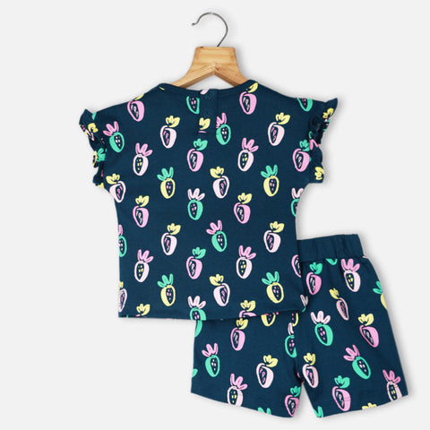 Blue Fruit Printed Top With Short Co-Ord Set