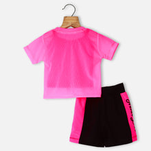 Load image into Gallery viewer, Neon Pink Tie Knot Crop Top With Black Inner &amp; Shorts
