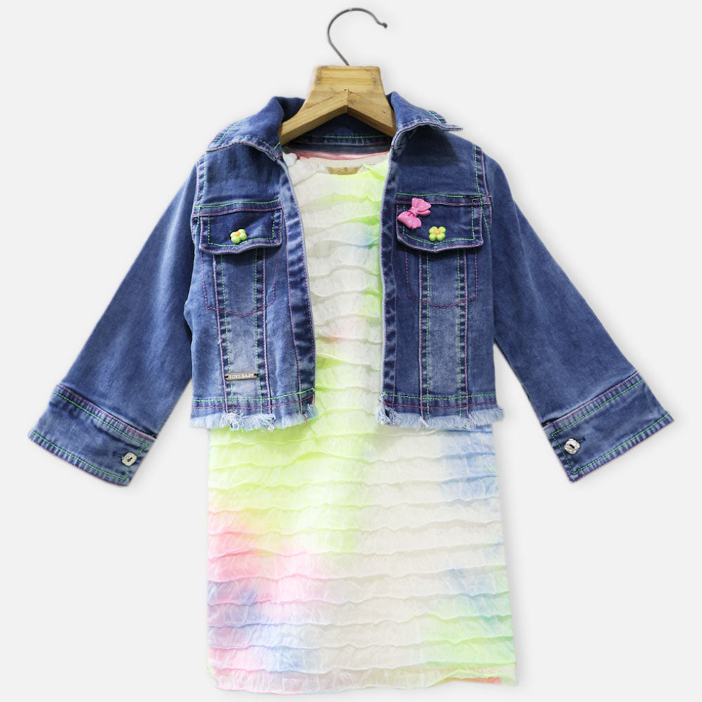White Straight Fit Dress With Denim Jacket