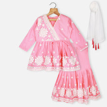 Load image into Gallery viewer, Pink Embroidered Cotton Kurta With Sharara &amp; Dupatta

