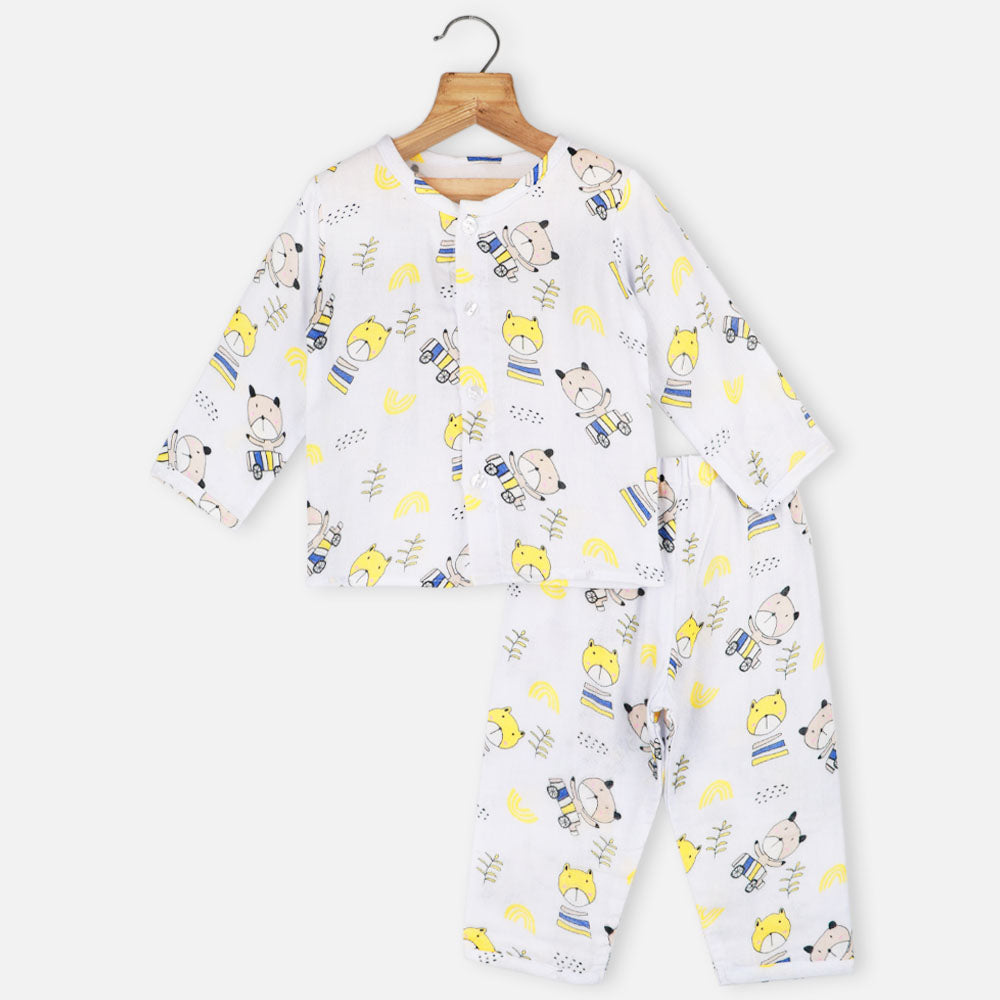Pastel Grey Bear Theme Full Sleeves Night Suit