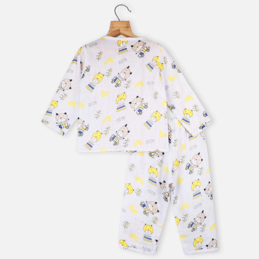 Pastel Grey Bear Theme Full Sleeves Night Suit