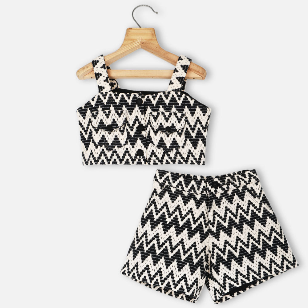 Black Chevron Crop Top With Shorts Co-Ord Set