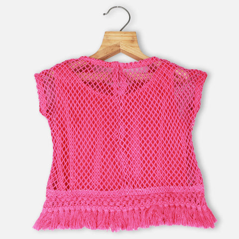 Pink Flower Embellished Crochet Top