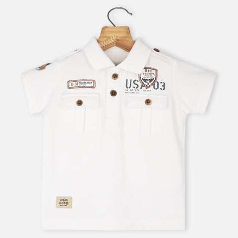 Half Sleeves Polo T-Shirt- White & Teal