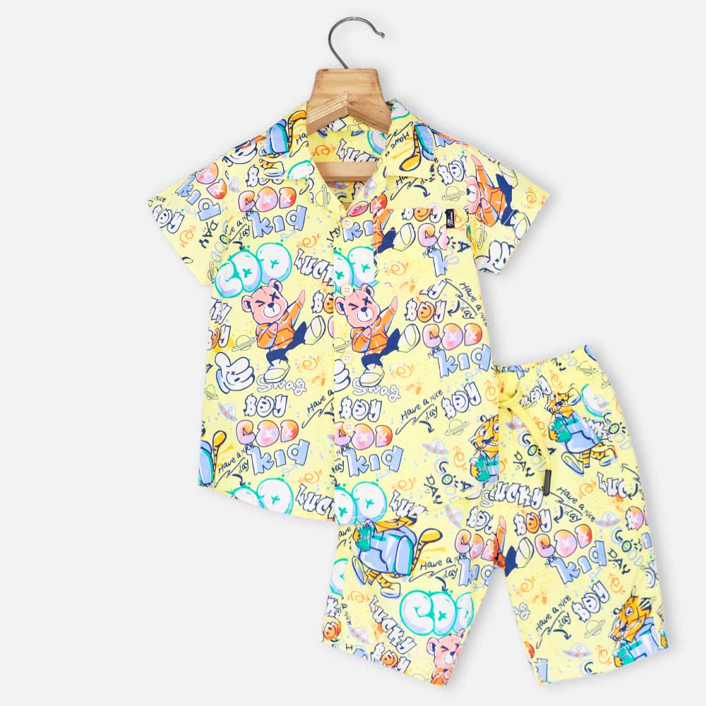Yellow Graphic Printed Half Sleeves Shirt With Shorts Co-Ord Set